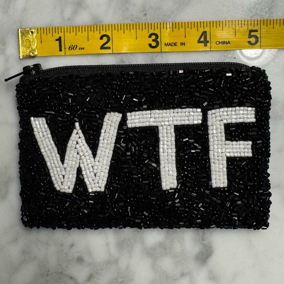 MOYNA “WTF” Black and White Beaded Zipper Pouch 5x3” - Picture 8 of 13